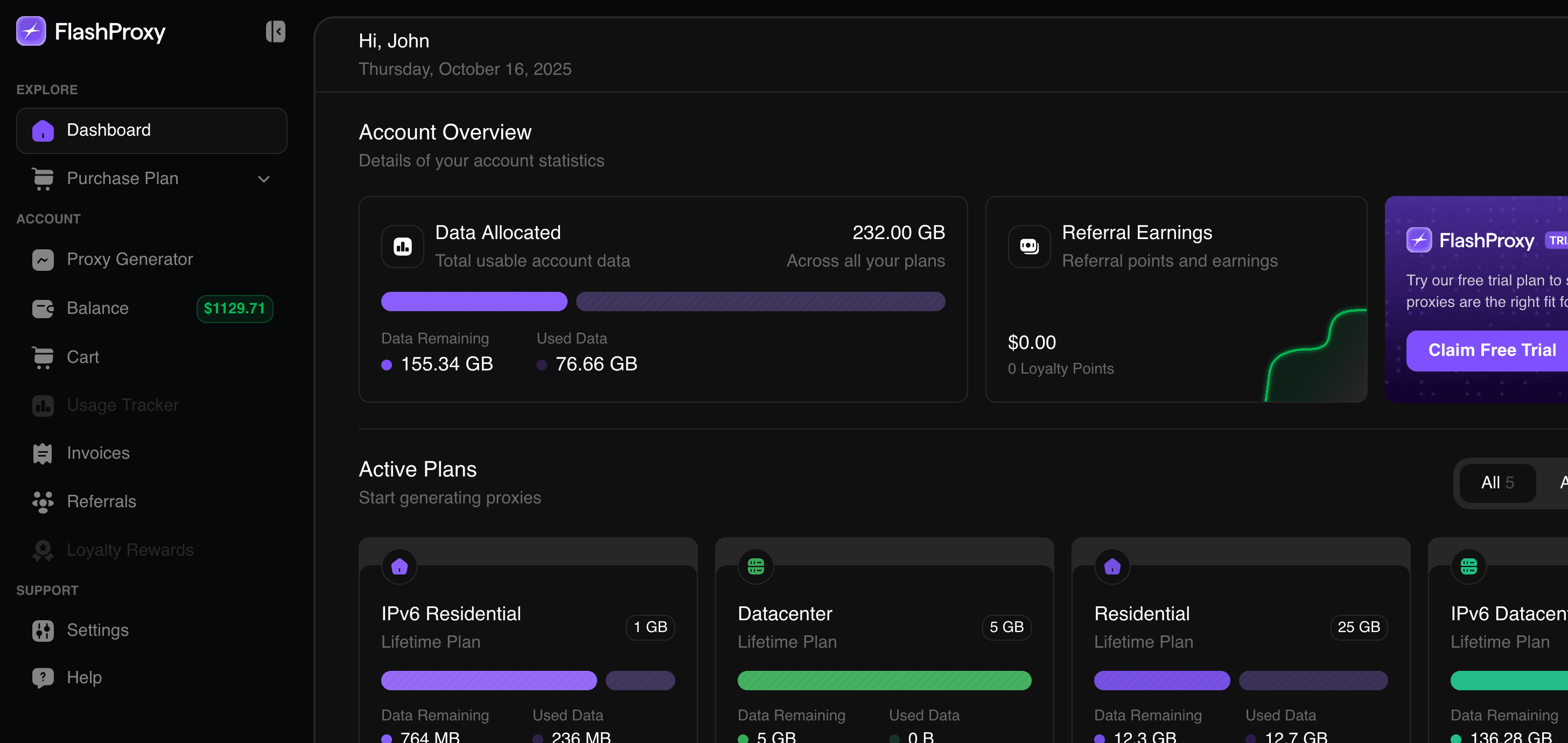 FlashProxy customer dashboard showing proxy plans, usage analytics and credential management